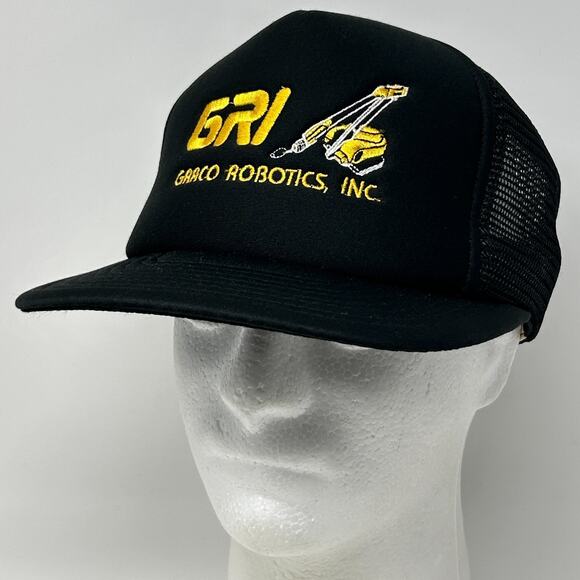 Vintage 90s Graco Robotics Inc Trucker Hat Baseball Cap GRI Mesh Snapback Black - Picture 9 of 9